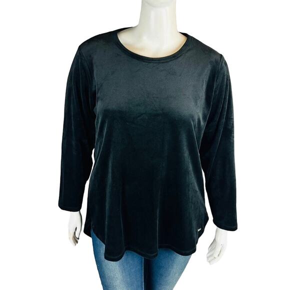 Calvin Klein Womans 1X Plus Blouse Stretch Velvet Velour Top Long Sleeve Black - Picture 2 of 9